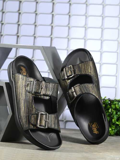 HITZ0028 Men's Golden Leather Daily Wear Buckle Slipper