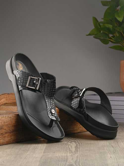 Hitz Men's Black Leather Casual Daily Wear Slipper