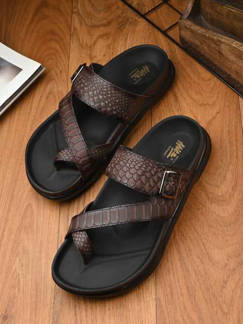HITZ Men's Brown Leather Casual Daily Wear Slippers