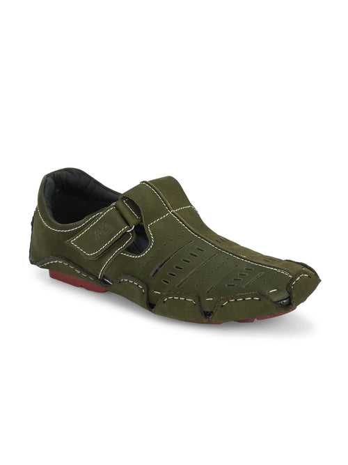 Hitz Men's Green Leather Sandal cum Shoes with Velcro Closure
