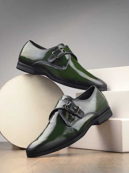 Hitz Men's Green Leather Formal Monk Shoes