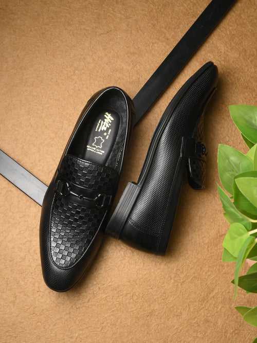 Hitz Men's Black Leather Party Wear Slip On Shoes