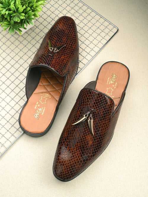 Hitz Men's Brown Leather Half Shoes Ethnic Wear Mule Shoes