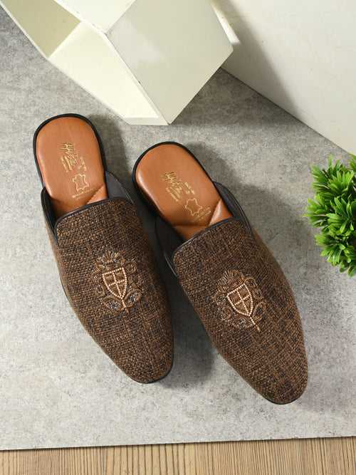 Hitz Men's Brown Leather Half Shoes Ethnic Wear Mule Shoes