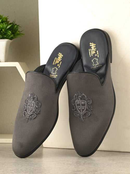 Hitz Men's Grey Leather Half Shoes Ethnic Wear Mule Shoes