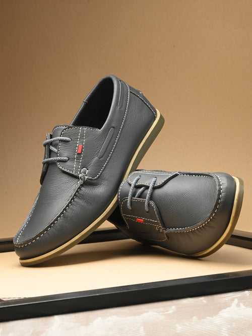 HITZ701 Men's Grey Leather Boat Lace-Up Shoes