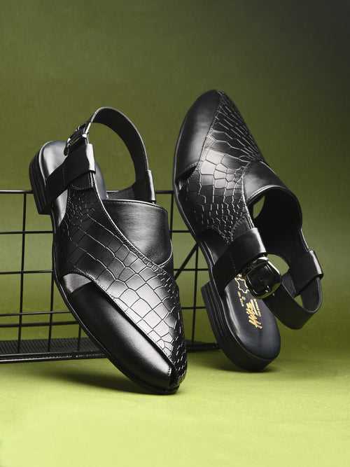 HITZ7564-Men's Black Leather Ethnic Shoes