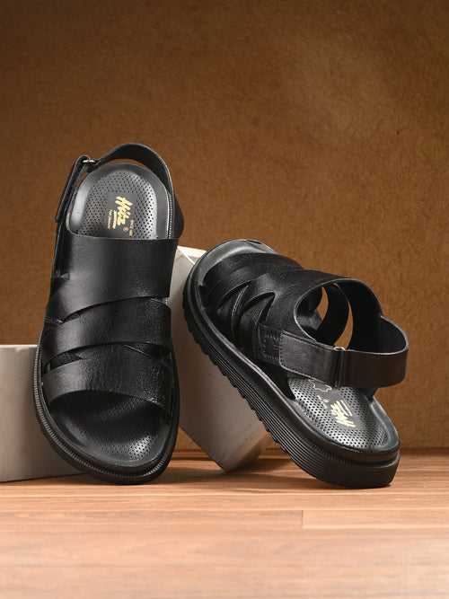 Hitz Men's Black Leather Open Toe Comfort Sandals with Velcro Closure