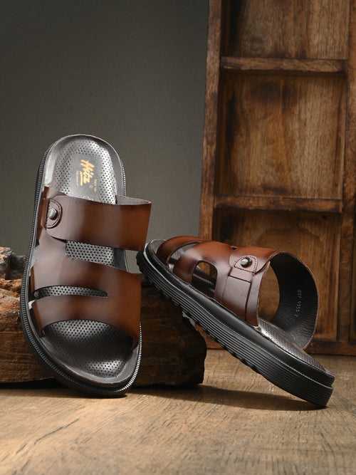 Hitz Men's Brown Leather Open Toe Comfort Slippers