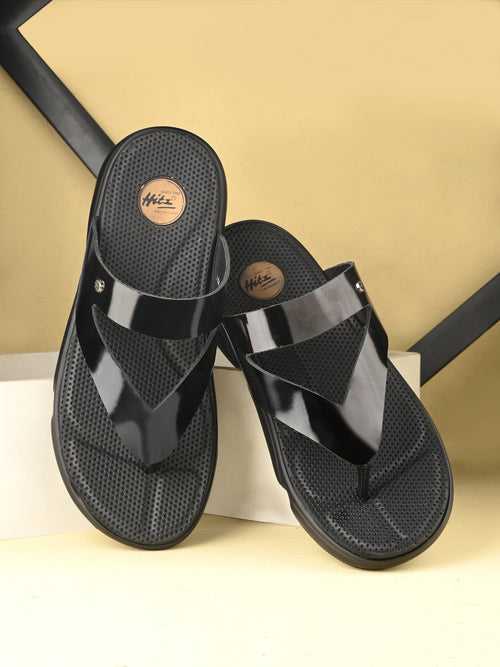 Hitz Men's Black Leather Open Toe Comfort Slippers
