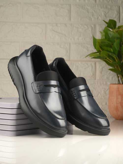 Hitz Men's Grey Leather Semi Formal Shoes