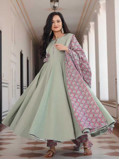 Pistachio Green Anarkali Bottom Set With Dupatta