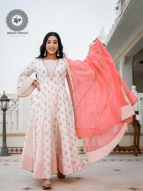 Coconut White Printed Anarkali Suit Set