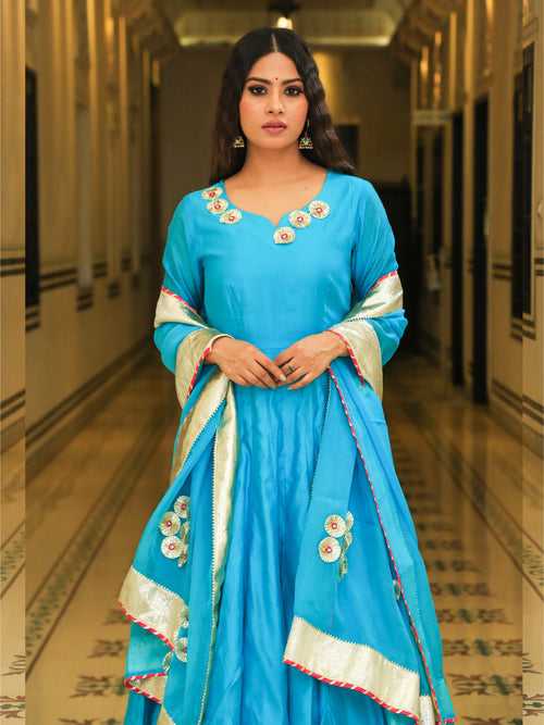 Srivalli Cyan Blue Chanderi Embroidered Anarkali