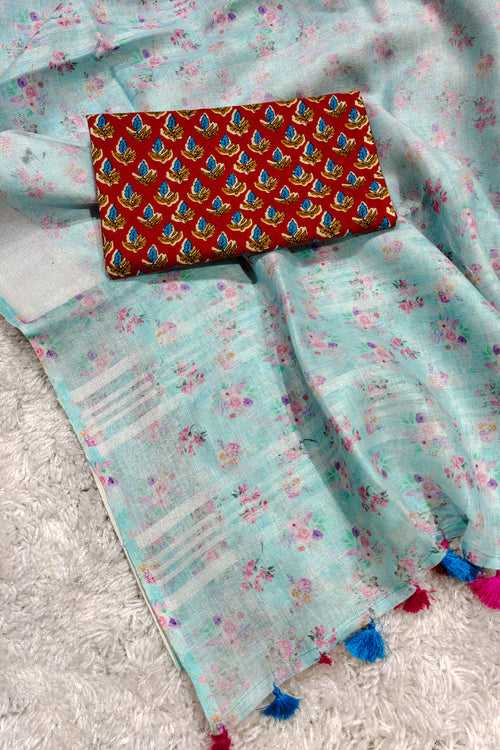 Floral Digital Printed Linen Saree