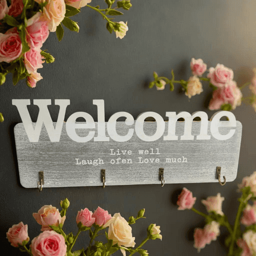 Welcome Sign Wall Hanging Key Holder with 4 Hooks-1 PC-BY APT