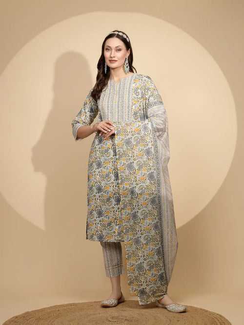 Yellow Cotton Regular Fit Suit Set For Women