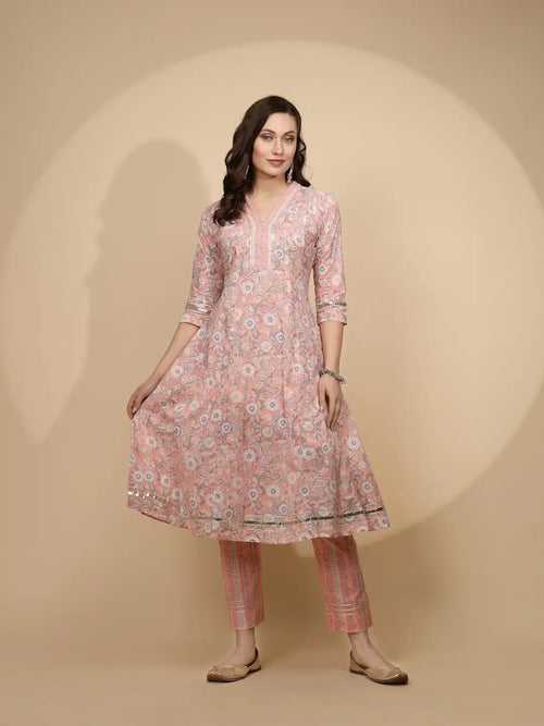 Peach Cotton Regular Fit Kurta Set For Women