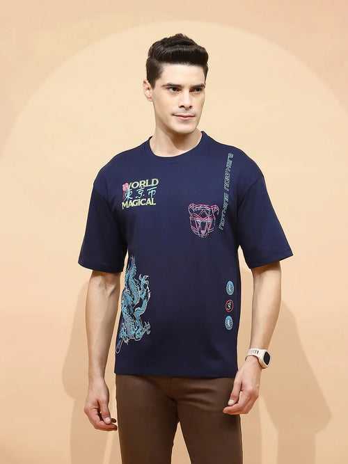 Navy Cotton Regular Fit T-Shirt For Men