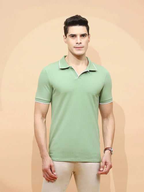 Sage Green Cotton Blend Regular Fit T-Shirt For Men