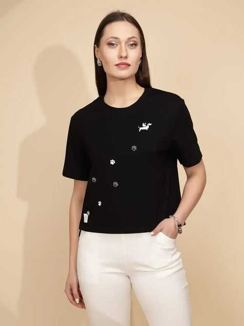 Black Cotton Regular Fit Top For Women