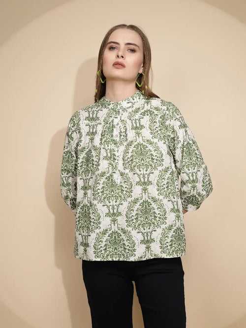 Green Cotton Regular Fit Blouson Top For Women