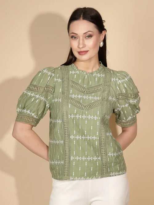 Green Cotton Regular Fit Blouson Top For Women