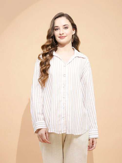 Brown And White Cotton Tailored Fit Shirt For Women