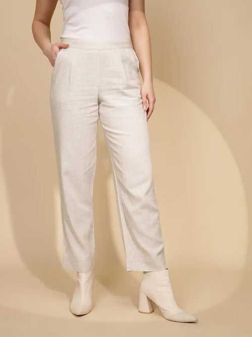 Beige Linen Straight  Fit Trouser For Women