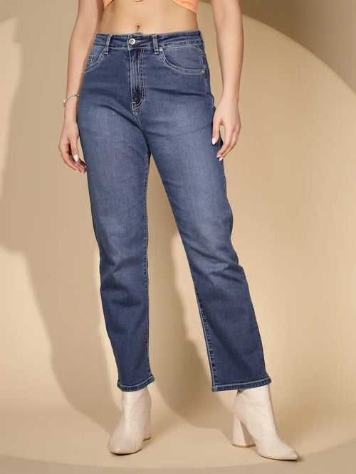 Blue Denim Straight  Fit Jeans For Women