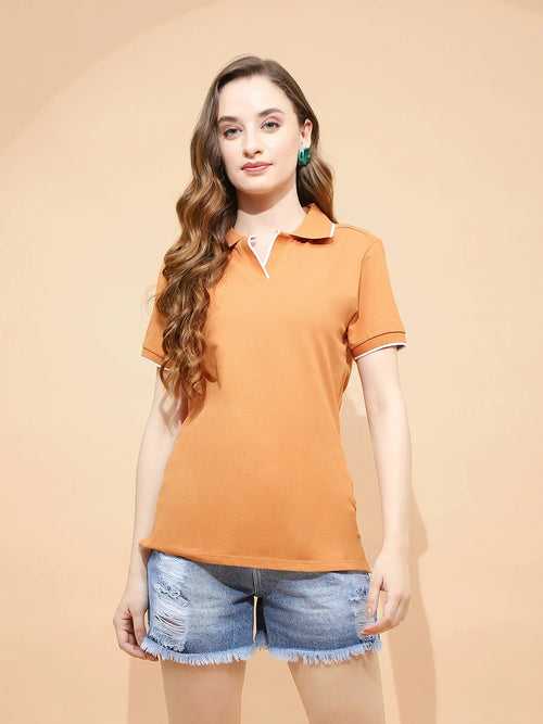 Light Rust Cotton Blend Regular Fit T-Shirt For Women