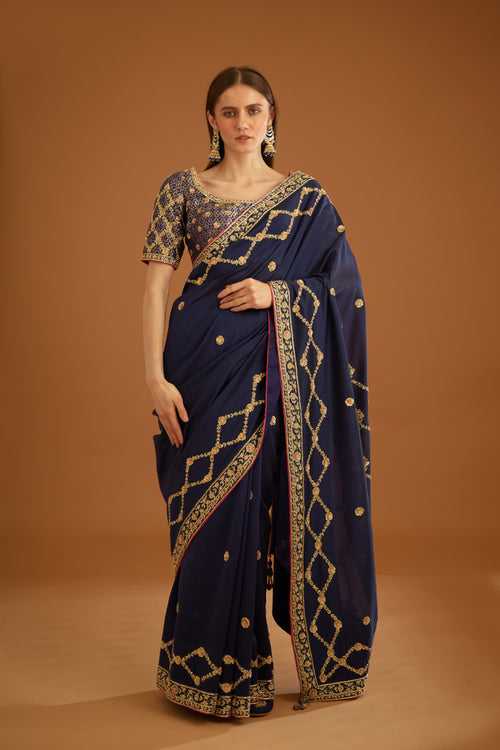 Dark Navy Blue Saree Set.