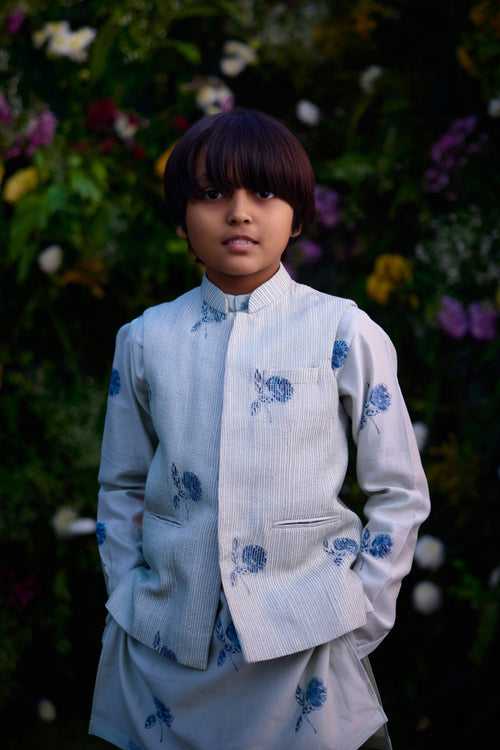 Illusion Blue Kurta & Waistcoat Set