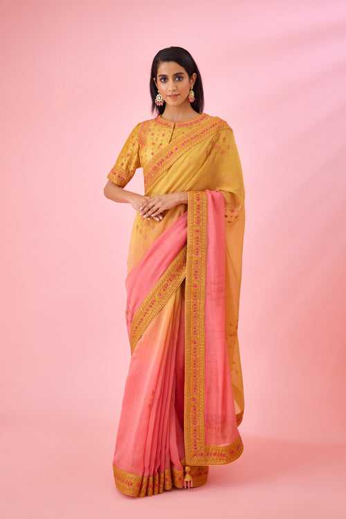 Yellow Pink Ombre Saree Set.