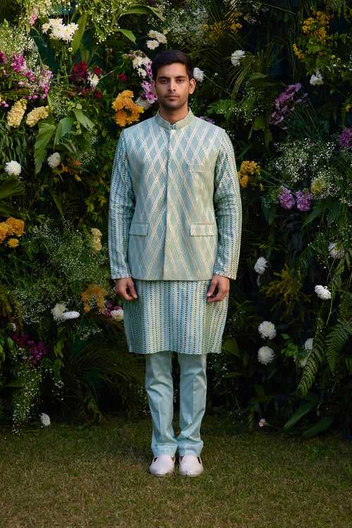 Smoke Green Kurta & Waistcoat Set.