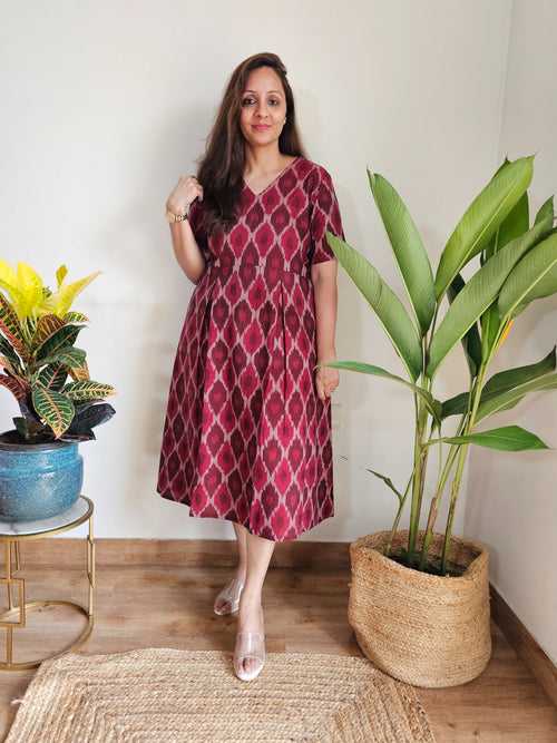 Genelia Maroon Ikat Midi Dress