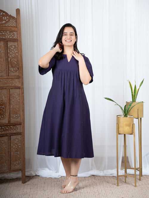 Vama Purple Ikkat Cotton Midi Dress