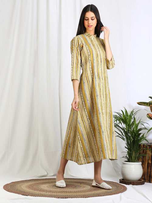 Ajrakh Dabu Striped Cotton Button Down 'Jasmine' Dress