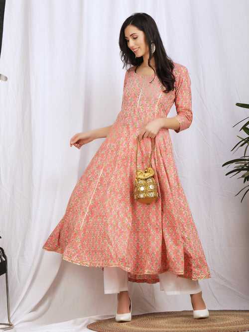 Peach Pink 'Kalidaar' Cotton Kurta with Palazzo Pants