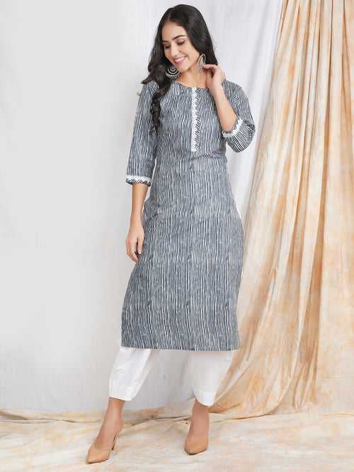 Grey Striped Cotton Kurta