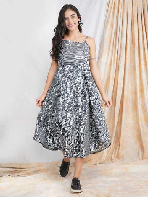 Grey Noodle Strap 'Striped' Cotton Dress