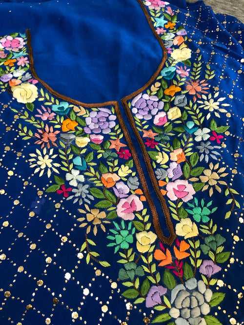 Royal Blue Parsi Gara All Over Mukaish Suit