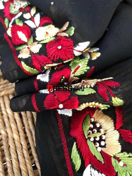 Black Parsi Ghara Embroidery Dupatta With Golden Mukaish