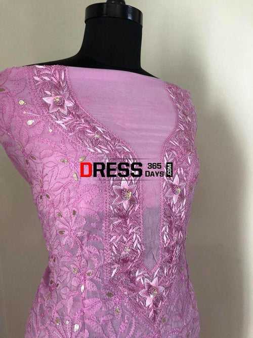 Pinkish Purple Parsi Gara Chikankari Suit