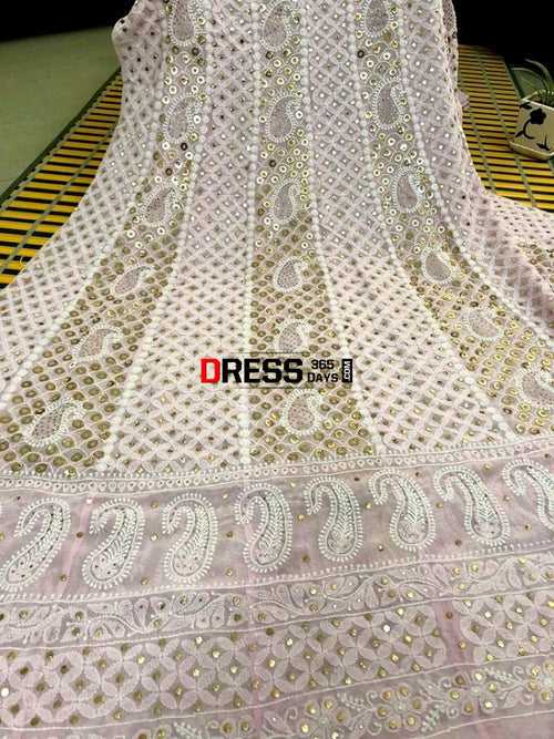 Powder Pink Ring Mukaish Work Chikankari Anarkali Suit