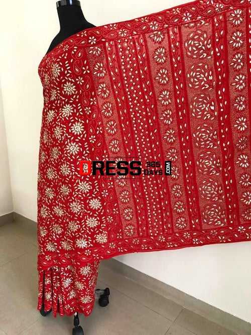 Red Gota Patti Chikankari saree