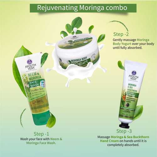 Rejuvenating Moringa Combo: Neem & Moringa Face Wash (50g), Moringa Body Yogurt (200 g), Moringa & Sea Buckthorn Hand Cream (30g)