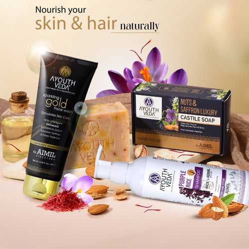 Glowing Skin & Hair Combo: Sparkling Gold Face Wash (100 ml), Nuts & Saffron Luxury Handmade Castile Soap (100 g), Purple Rice Shampoo (200 ml)