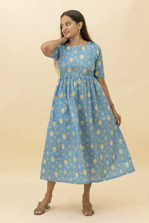 Blue Jamdani Floral Nursing Dress