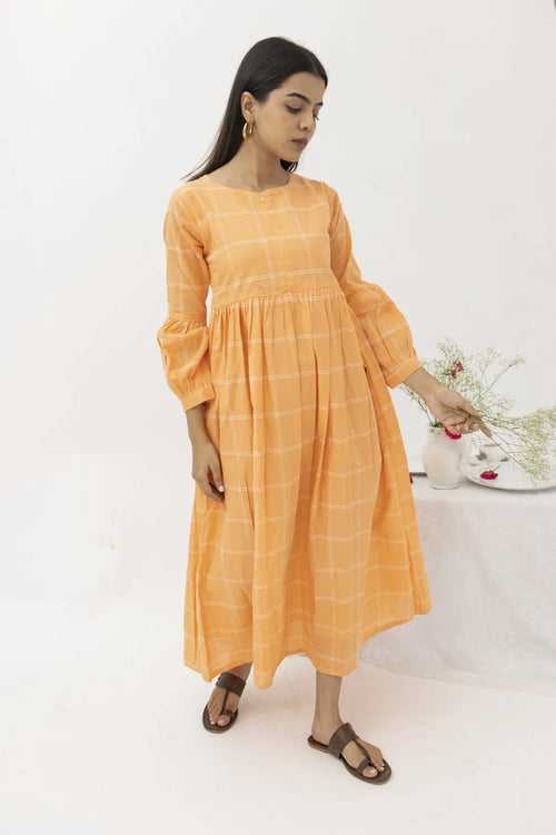 Orange Checked Cotton Maxi Dress